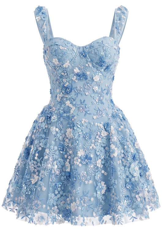 Floral Embroidered A Line Dress Blue