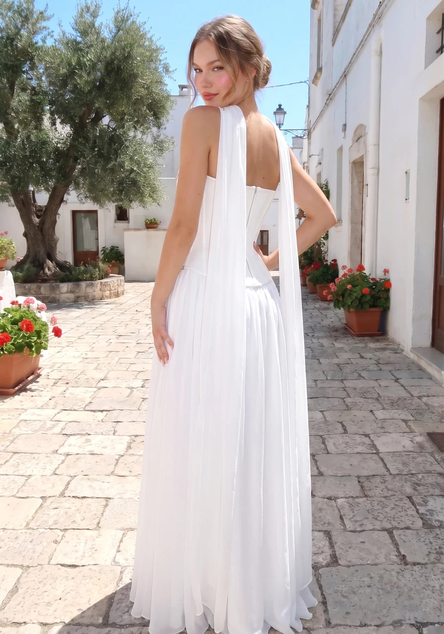 Strapless Embellished Bustier A Line Maxi Dress White