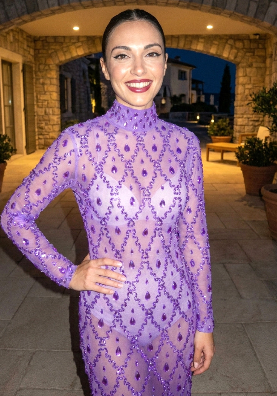 Long Sleeve Embellished Sequin Mesh Maxi Dress Purple