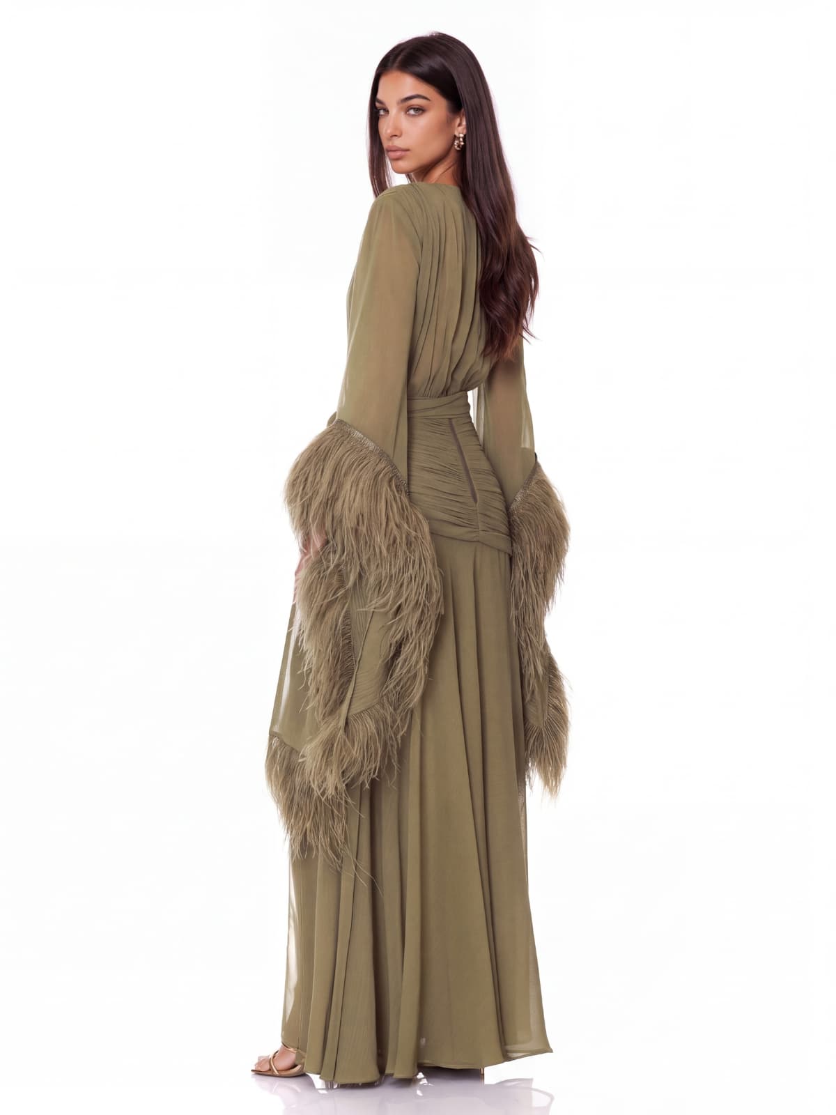 Neck Ruched Split Maxi Dress In Olive