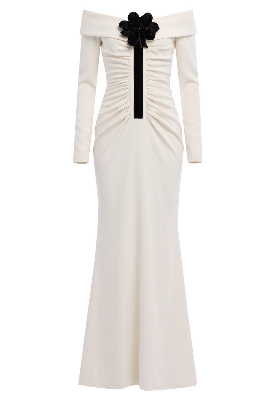 Long Sleeve Floral Detail Bardot Maxi Dress Ivory Black