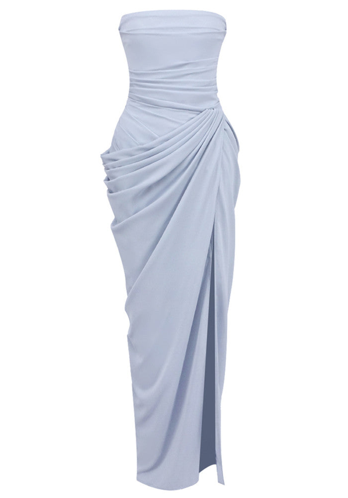 Strapless Draped Corset Maxi Dress Light Blue
