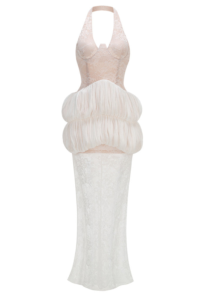Halter Lace Bubble Maxi Dress White