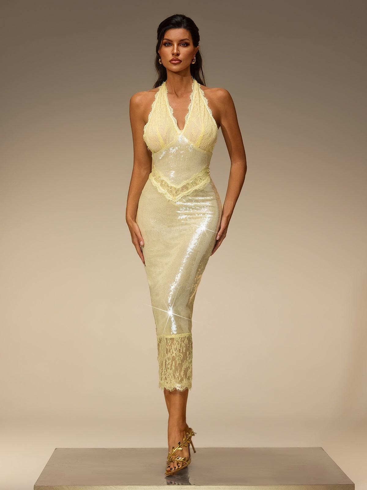Halterneck Lace Sequin Midi Dress In Beige