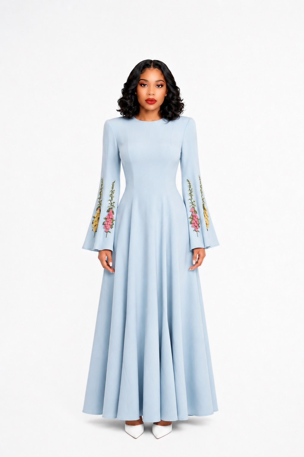 Floral Sleeves A Line Maxi Dress Blue