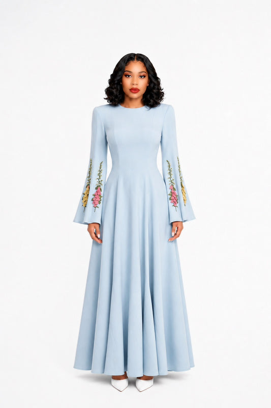 Floral Sleeves A Line Maxi Dress Blue