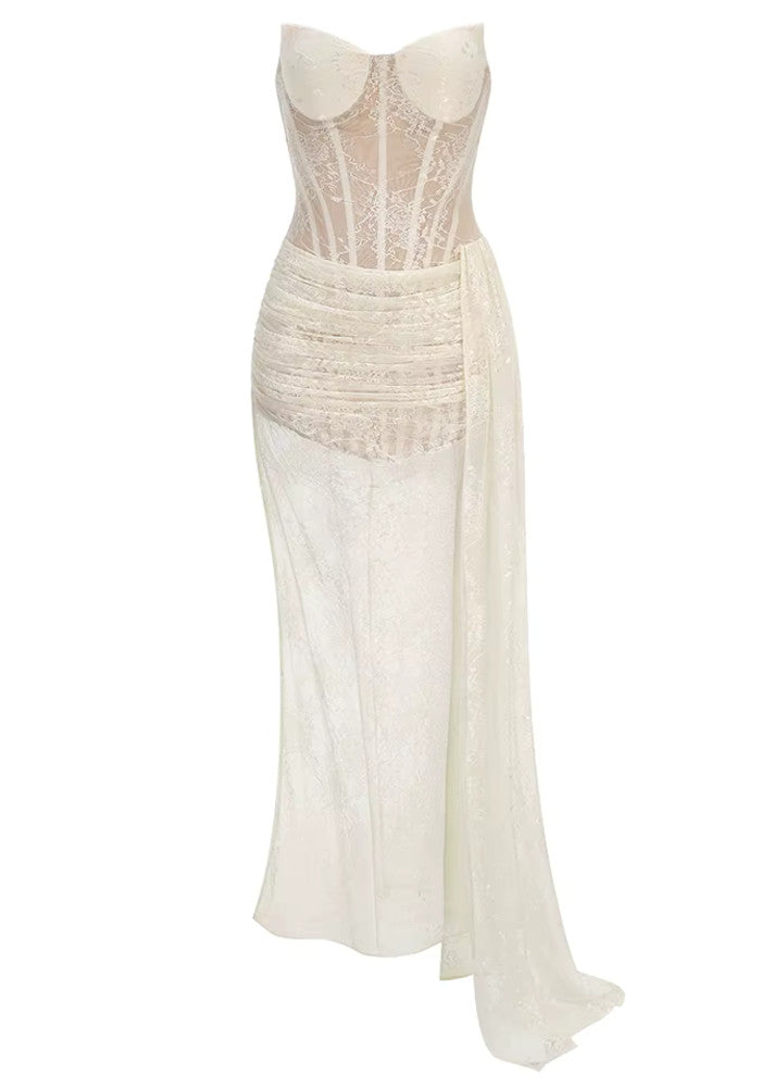 Strapless Draped Lace Bustier Maxi Dress Ivory