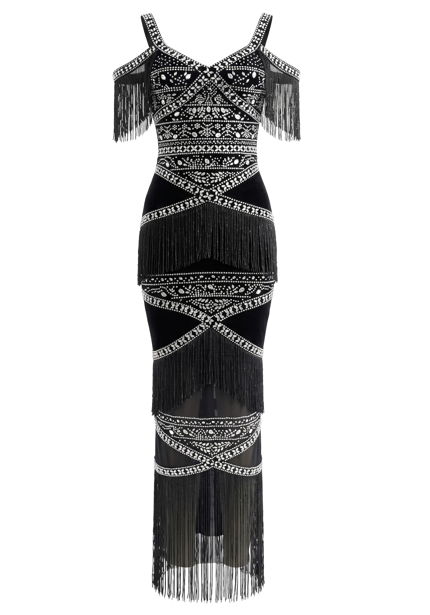 Crystal Tassel Maxi Dress Black