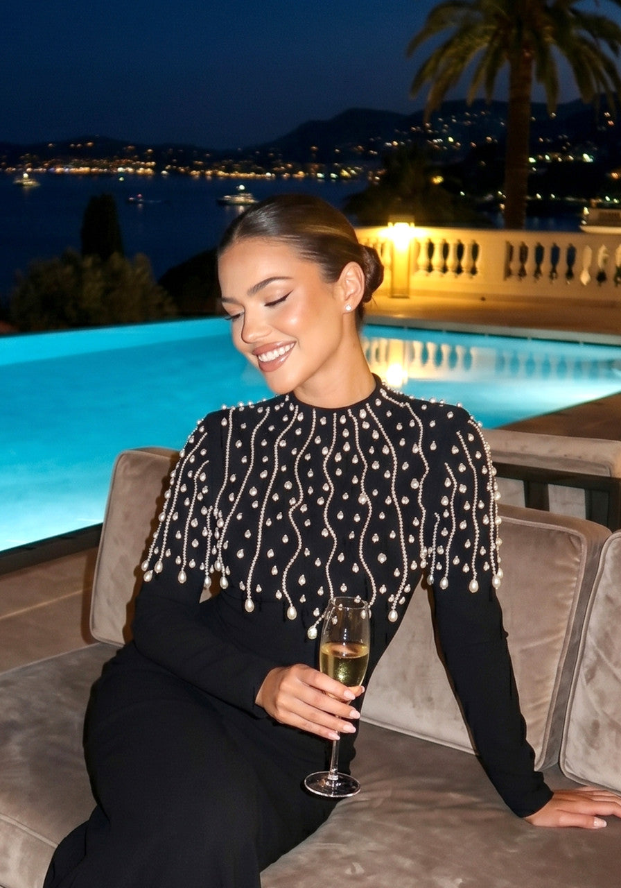 Long Sleeve Crystals Maxi Dress Black