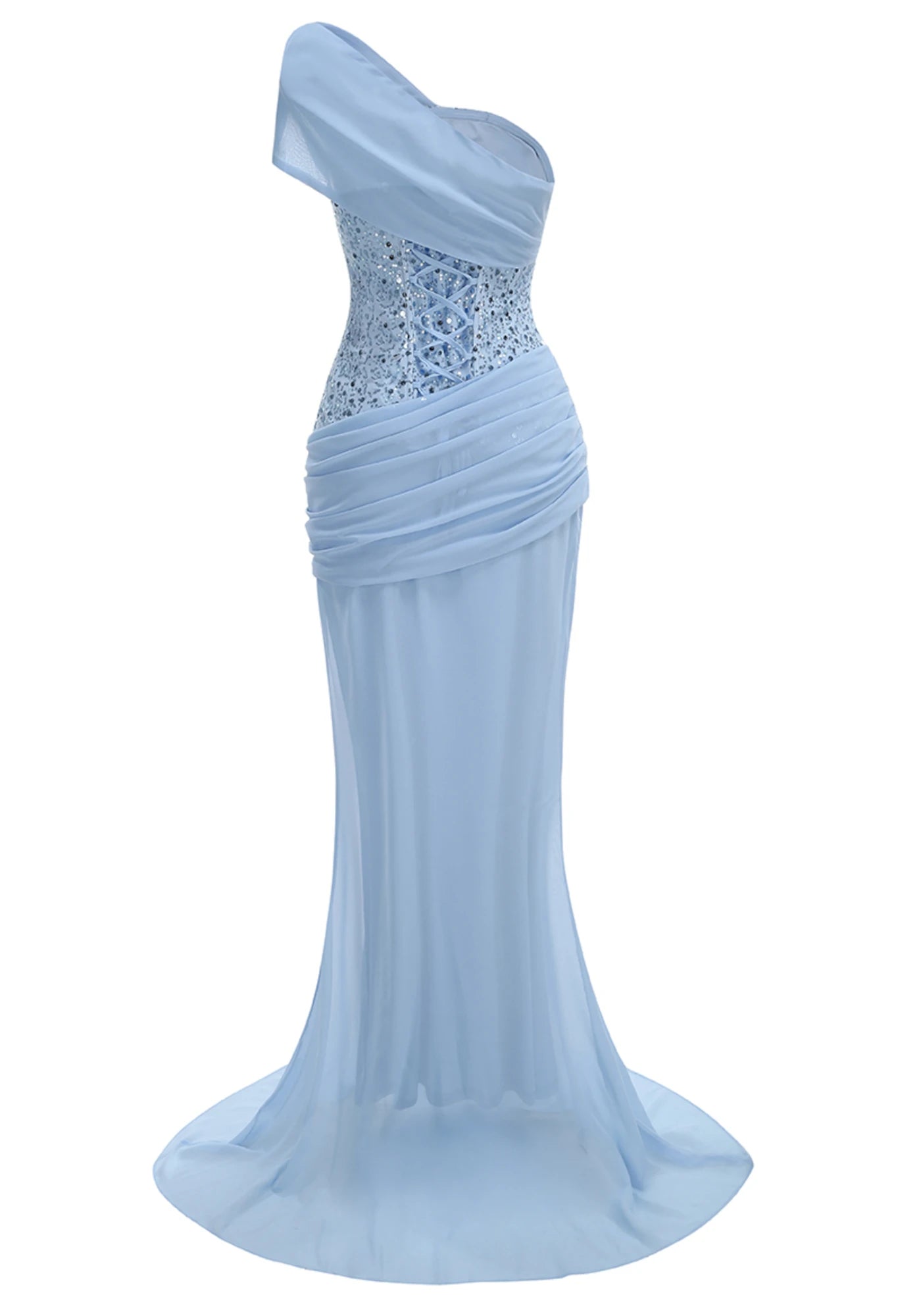 Draped One Shoulder Sequin Corset Maxi Dress Blue