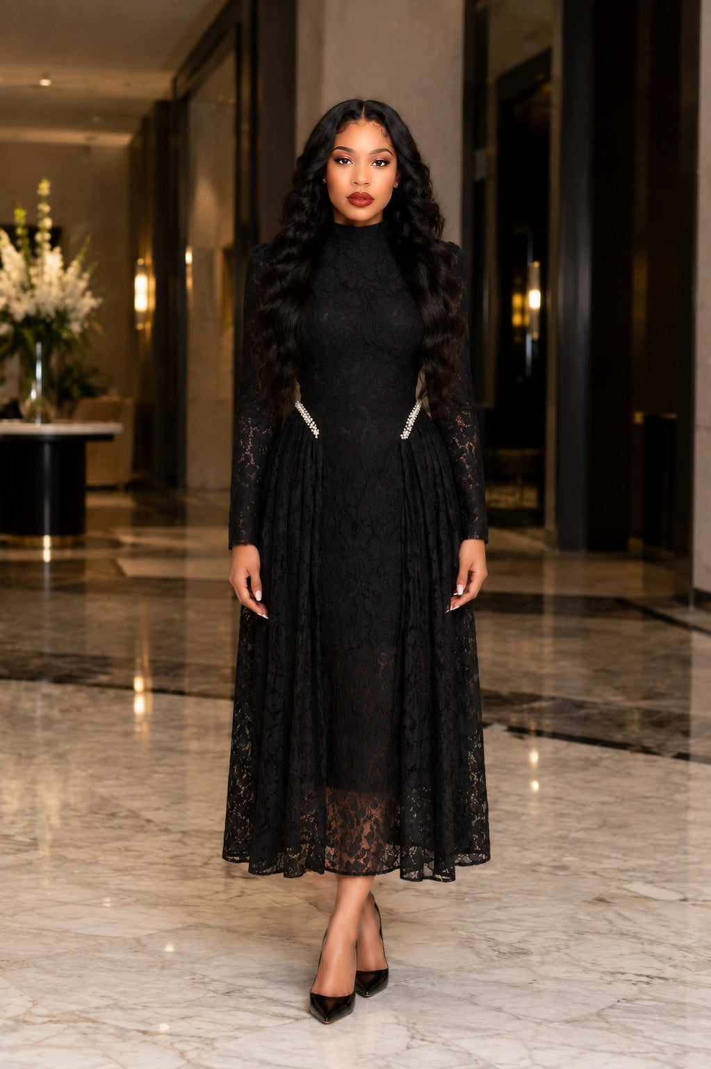 Long Sleeve Crystal Detail A Line Lace Maxi Dress Black