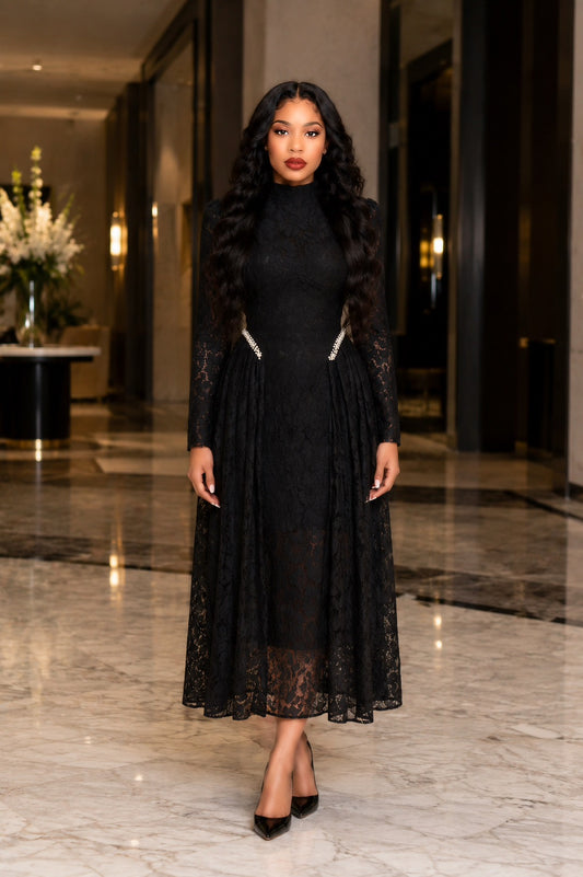 Long Sleeve Crystal Detail A Line Lace Maxi Dress Black