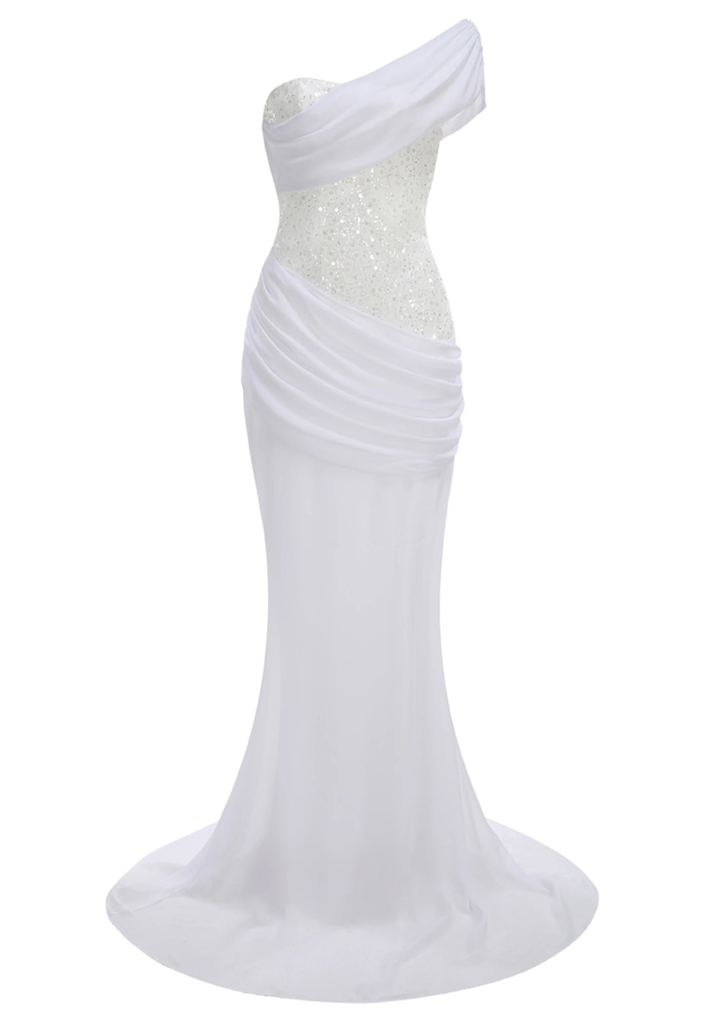 Draped One Shoulder Sequin Corset Maxi Dress White
