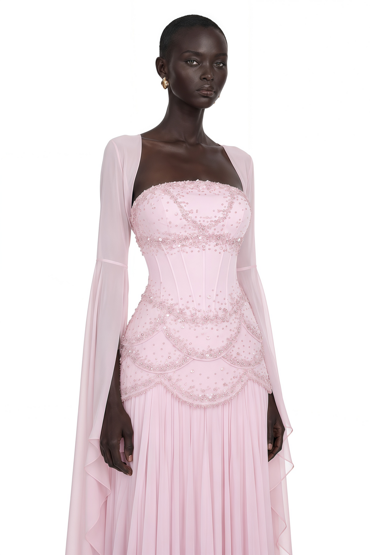 Pink Faux-pearl-embellished Pleated Maxi Dress
