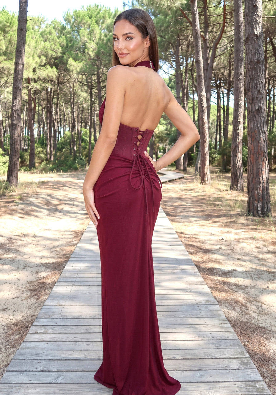 Halter Draped Corset Maxi Dress Burgundy