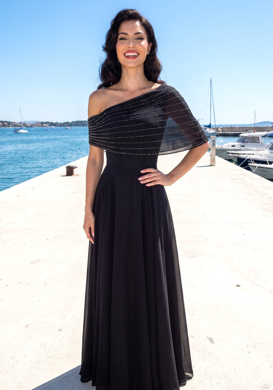 Embellished Bardot A Line Maxi Dress Black