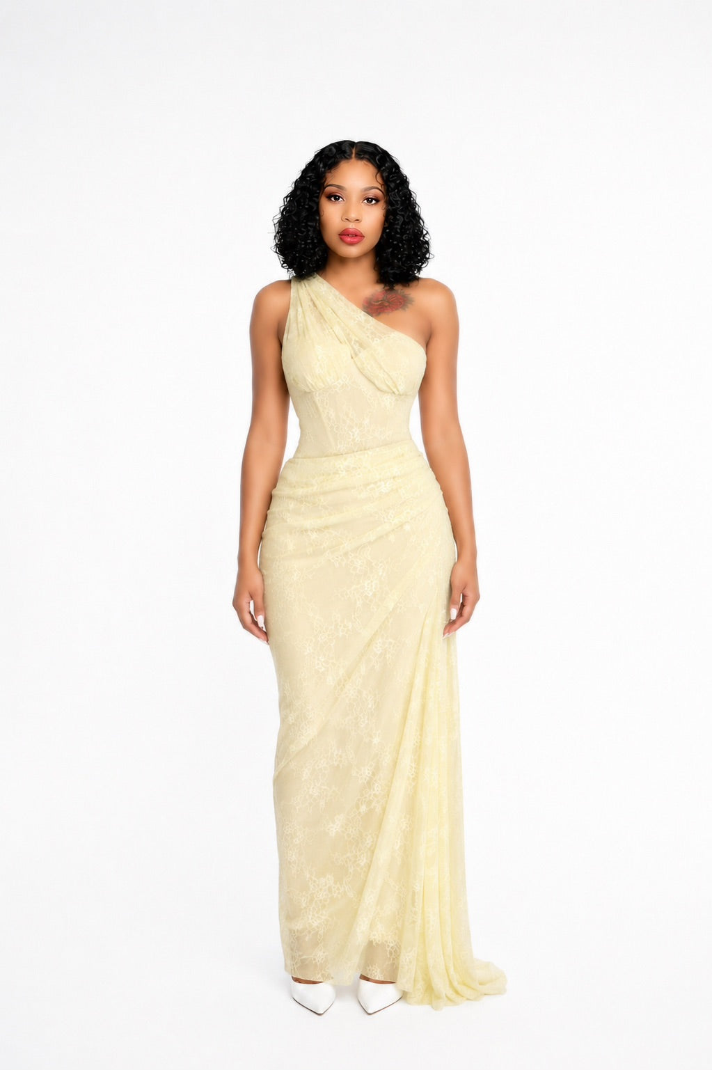 One Shoulder Draped Lace Maxi Dress Yellow