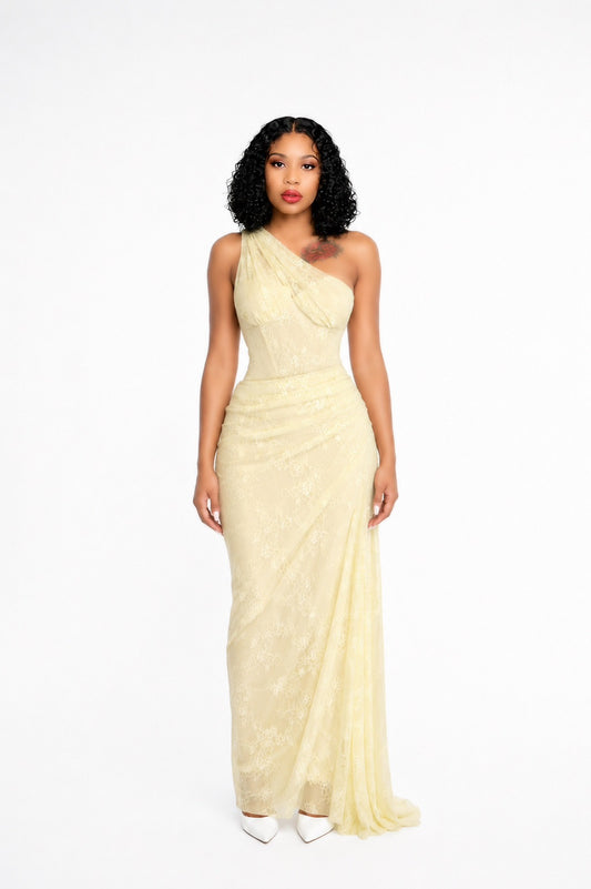 One Shoulder Draped Lace Maxi Dress Yellow