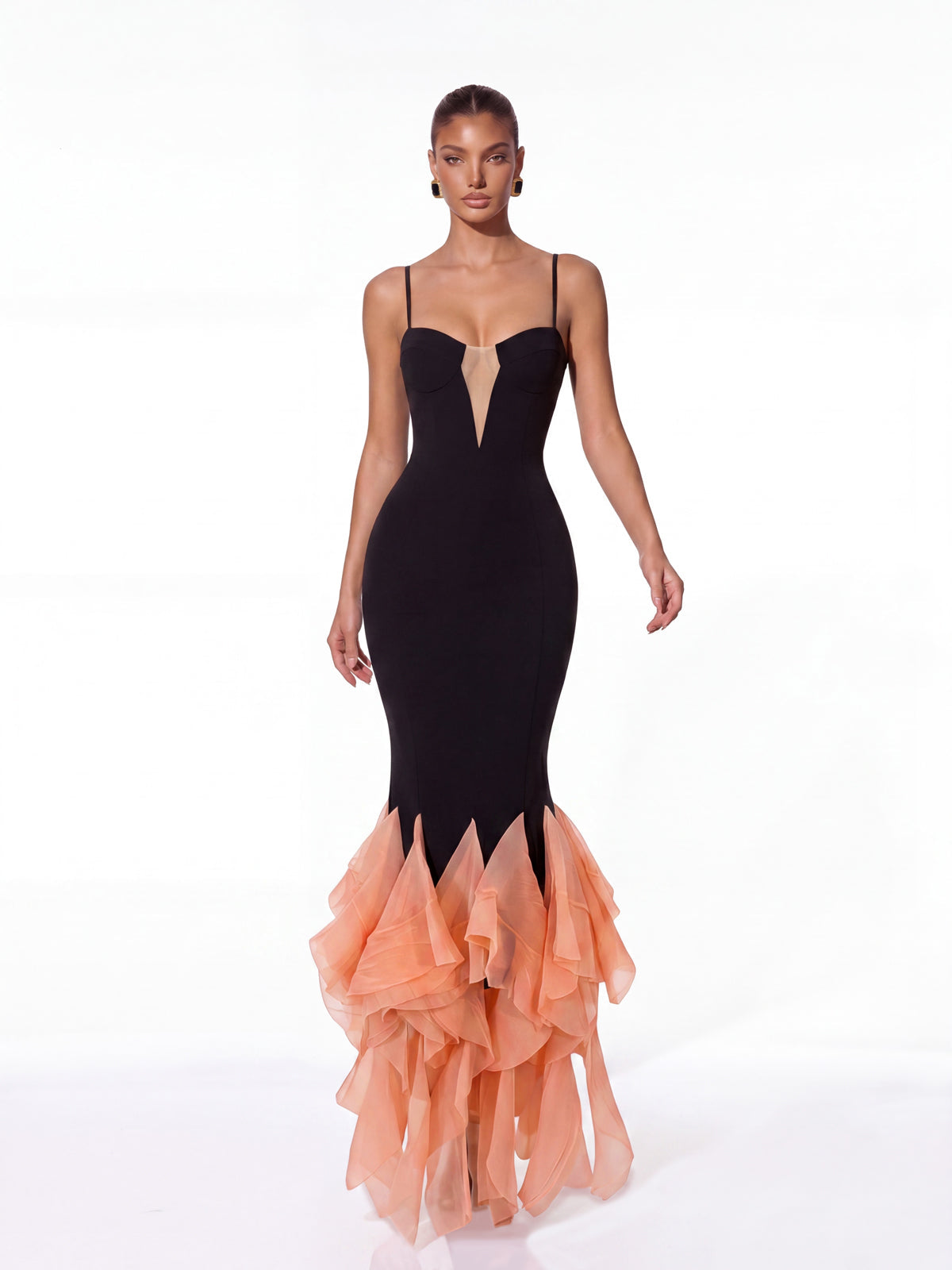 V-Neck Pink Mesh Bodycon Long Bandage Dress