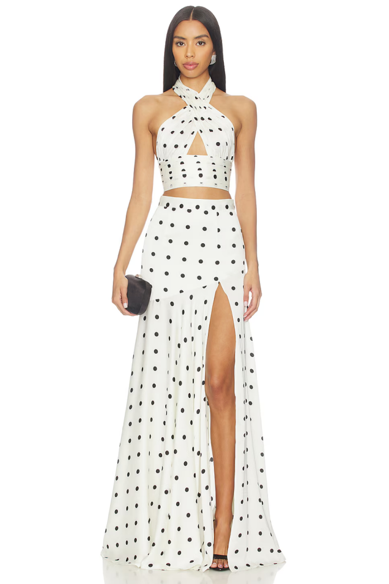 Ivory Polka Dot Halter Top & High-Slit Maxi Skirt Set