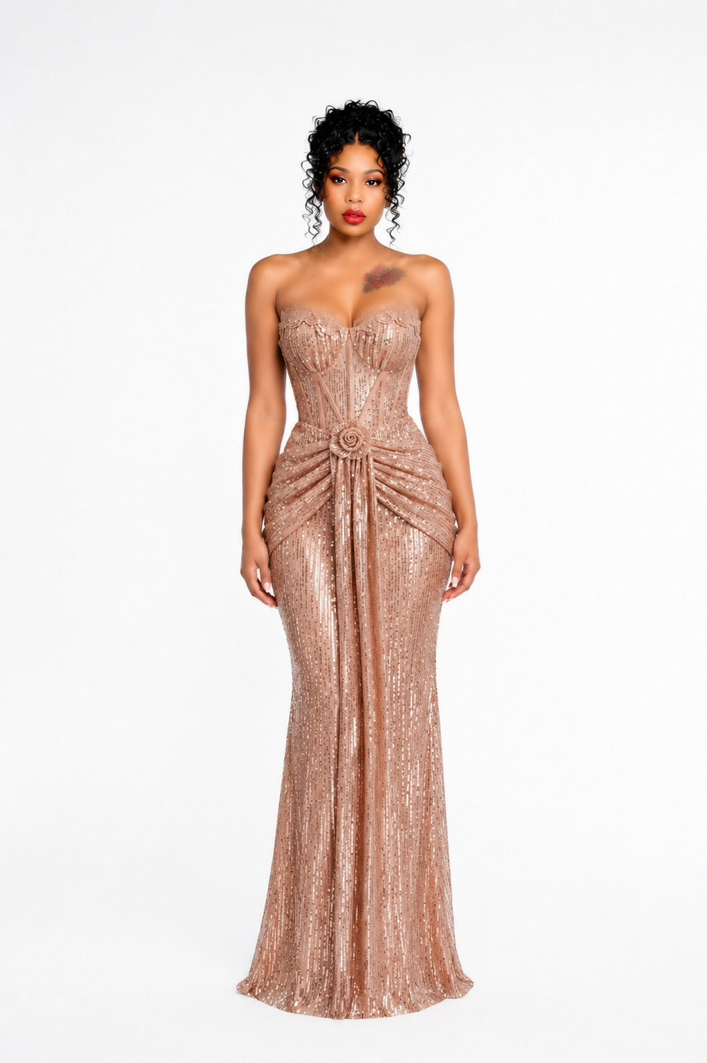 Strapless Bustier Sequin Maxi Dress Coral Pink