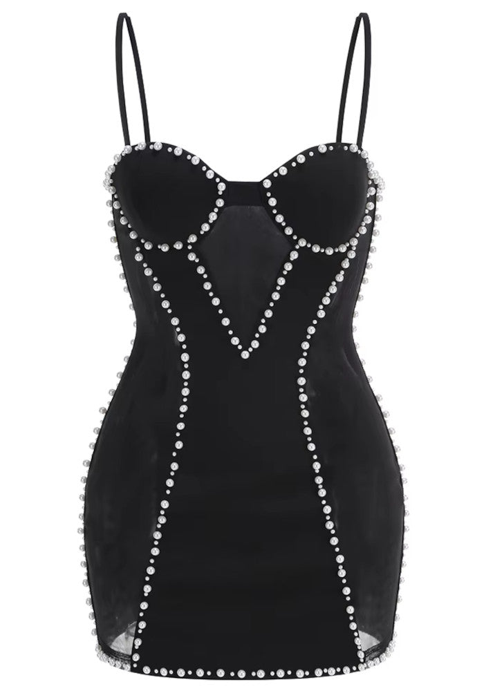 Pearl Mesh Insert Dress Black