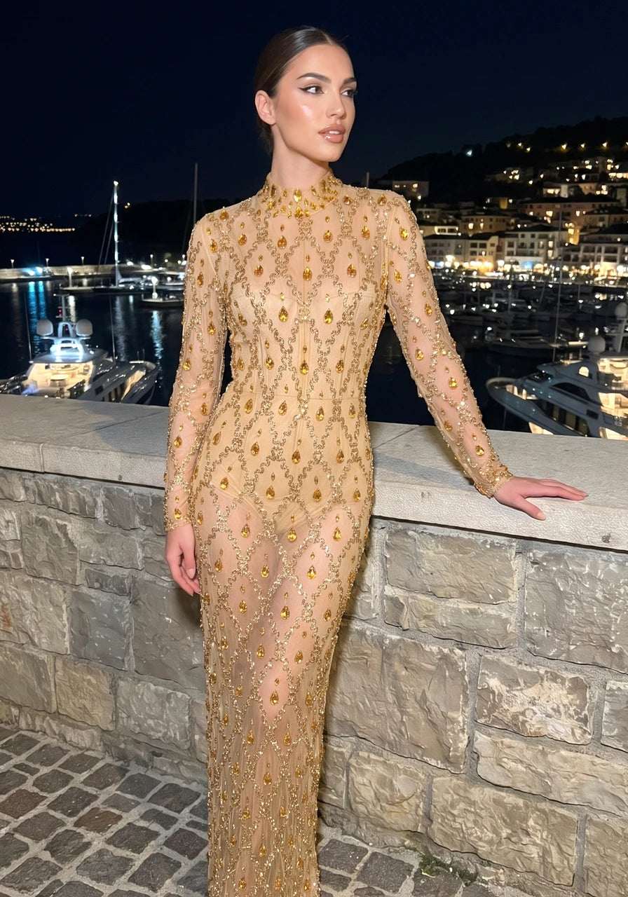 Long Sleeve Embellished Sequin Mesh Maxi Dress Gold