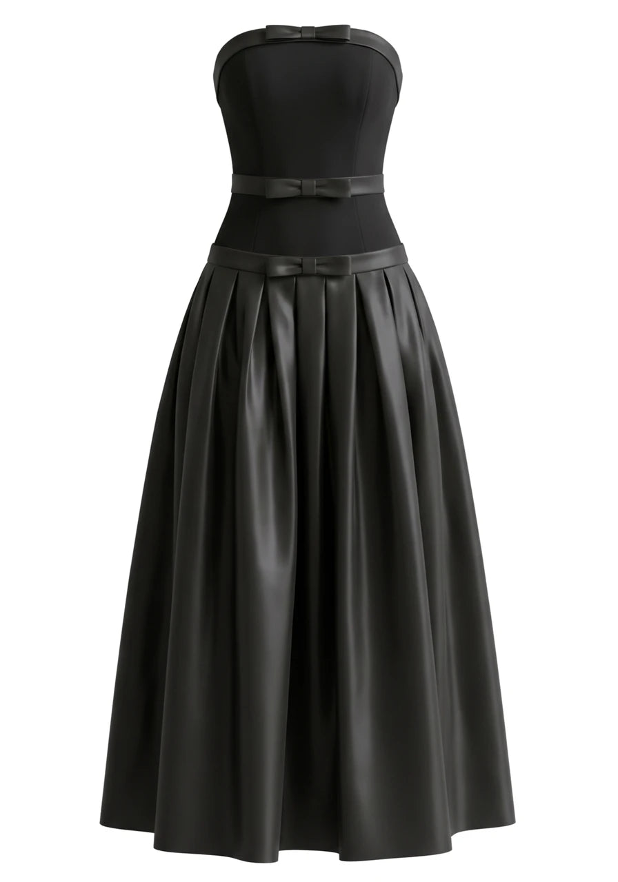 Strapless Bow Detail A Line Maxi Dress Black