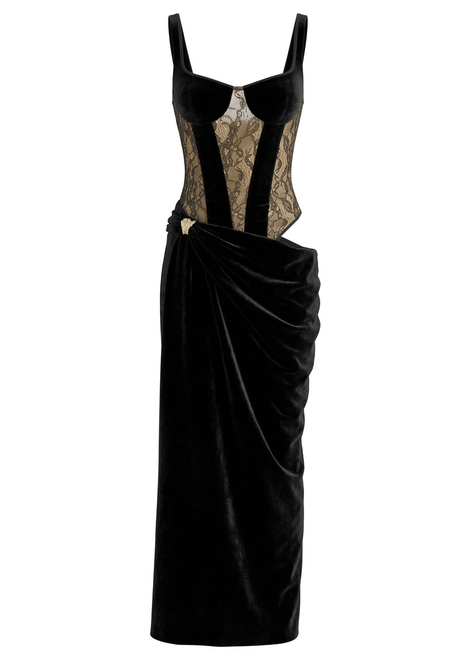 Lace Bustier Draped Maxi Velvet Dress Black