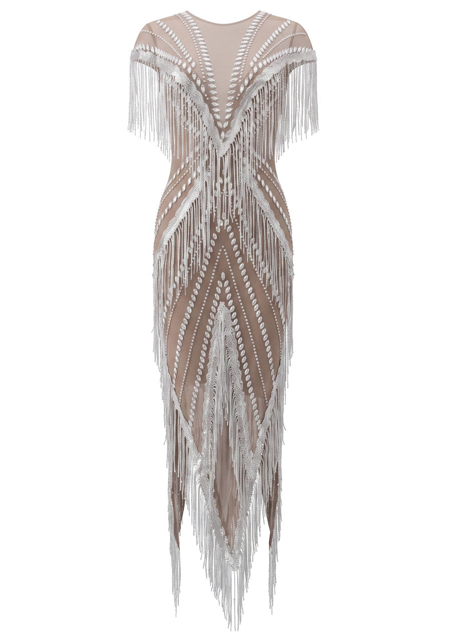 Crystal Tassel Mesh Maxi Dress Silver