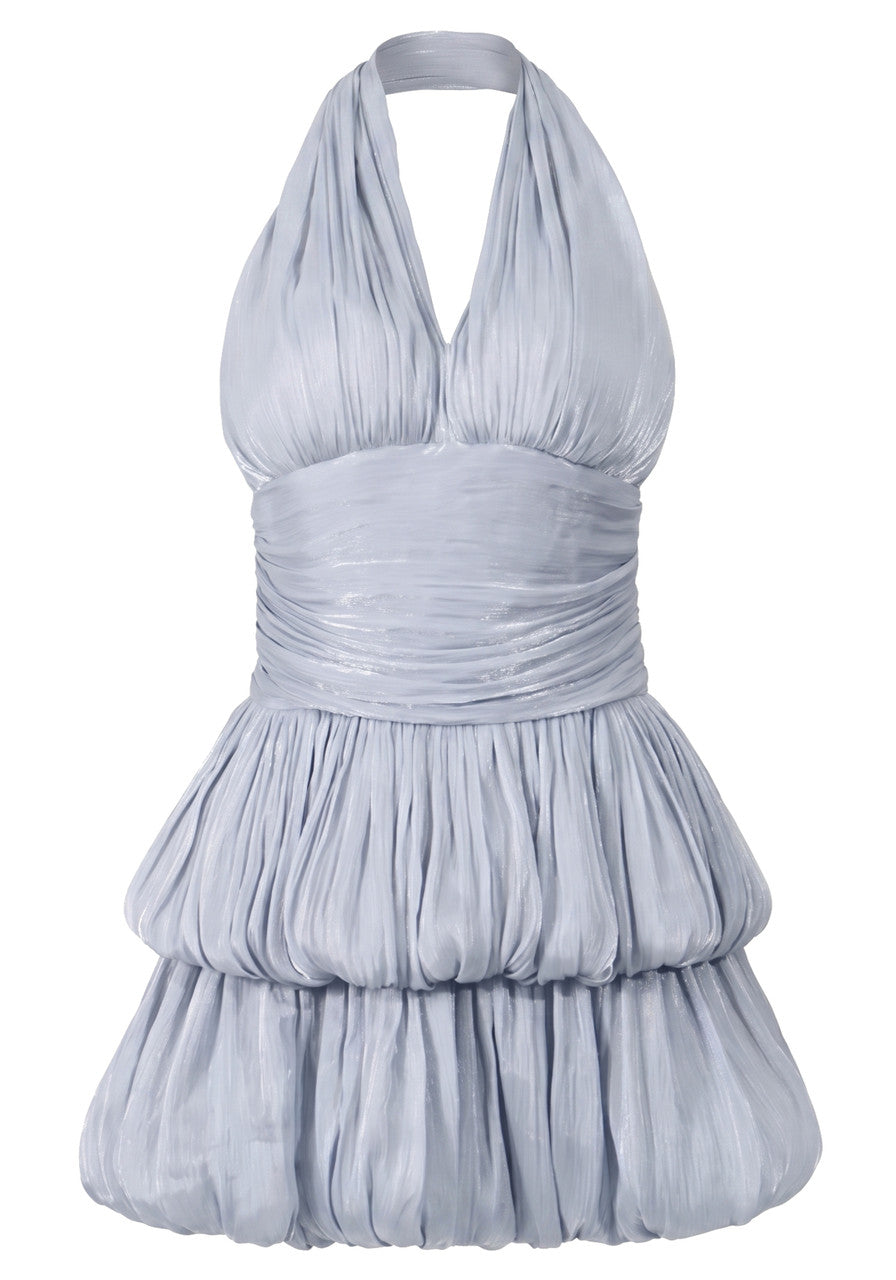 Halter Ruched Bubble Dress Light Blue