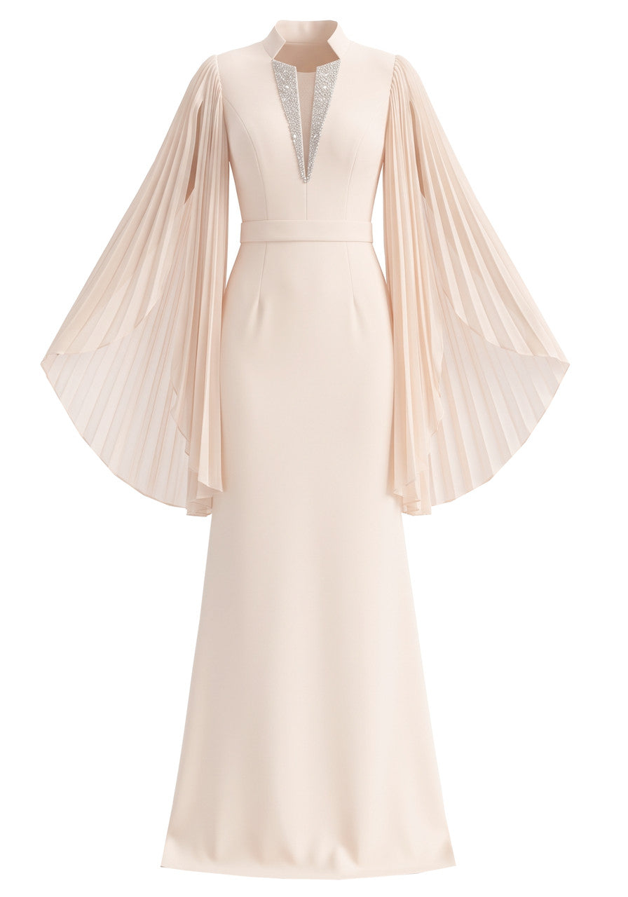 Pleated Sleeves Maxi Dress Ivory Nude