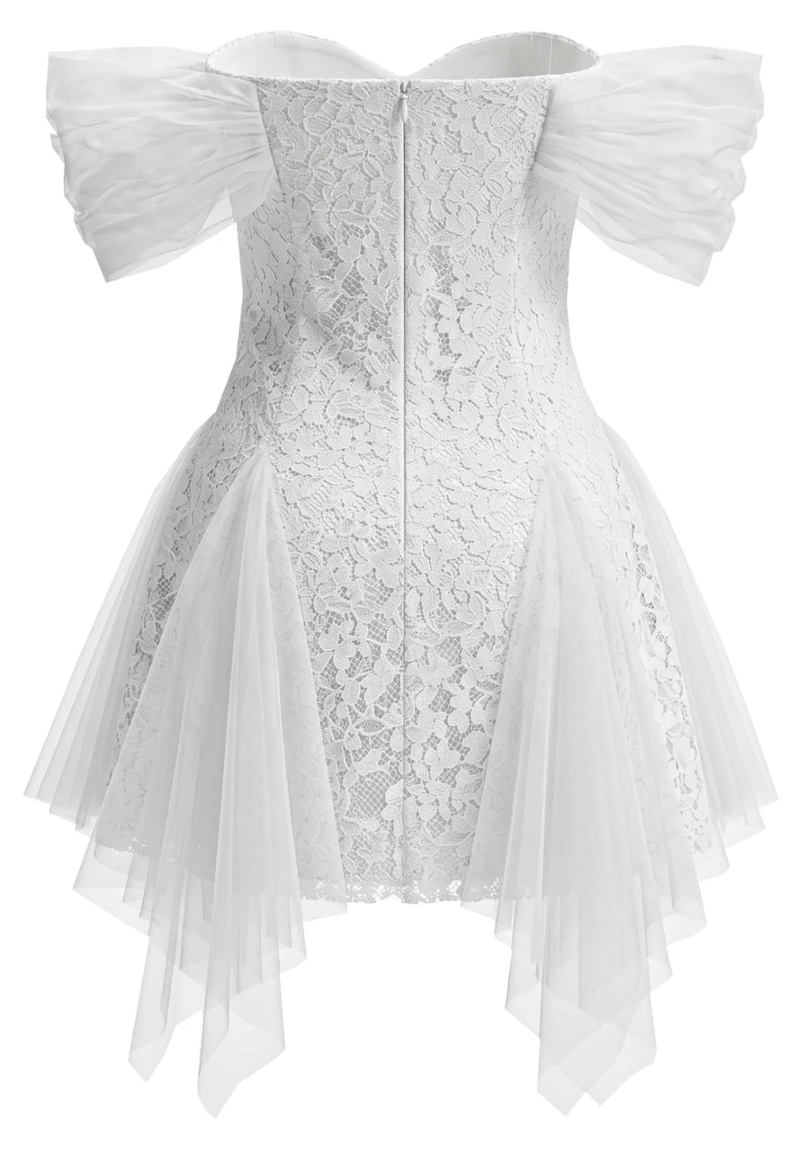 Floral Mesh Bardot Lace Dress White