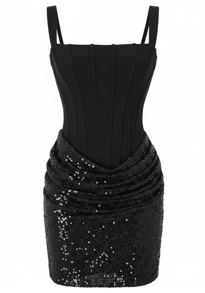 Draped Sequin Corset Dress Black