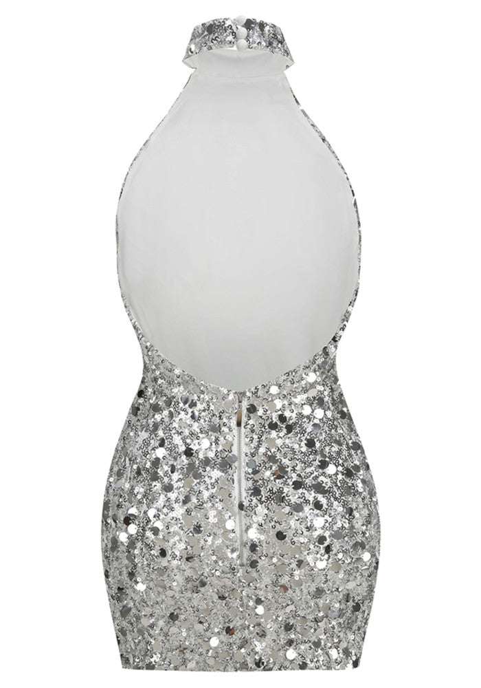 Halter Sequin Dress Silver