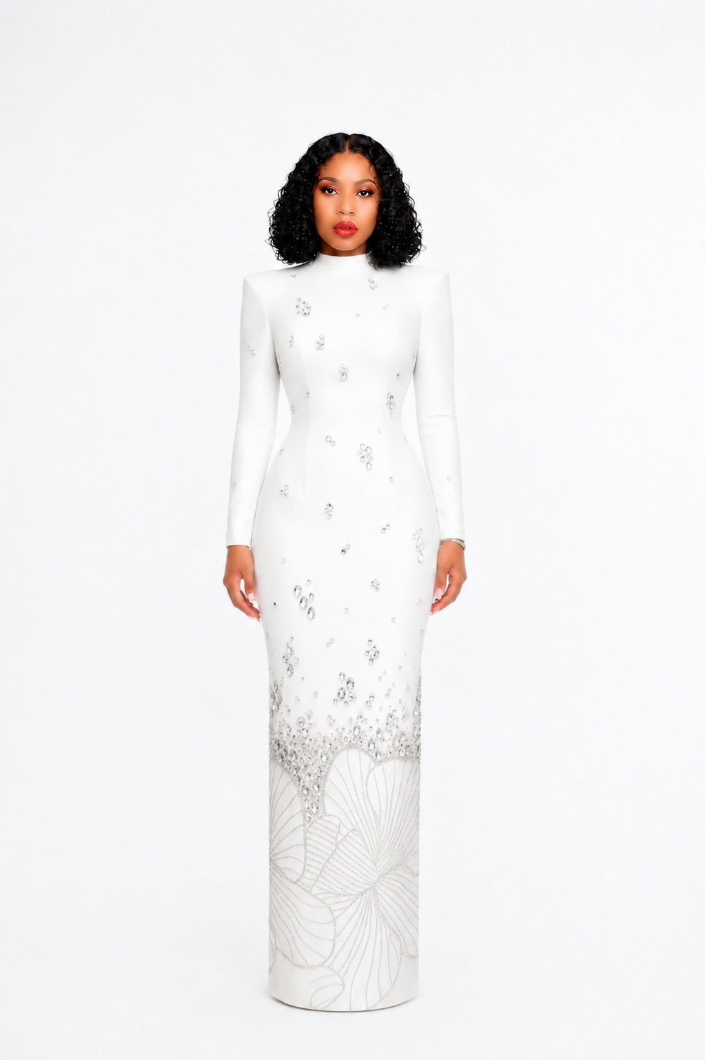 Long Sleeve Crystal Flower Maxi Dress White