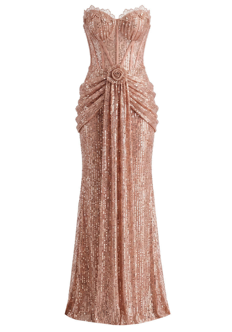 Strapless Bustier Sequin Maxi Dress Coral Pink