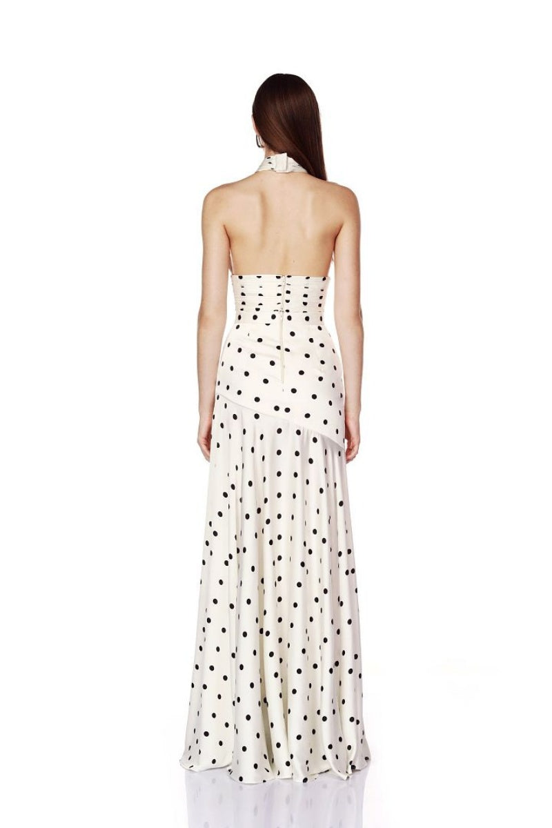 Ivory Polka Dot Halter Top & High-Slit Maxi Skirt Set