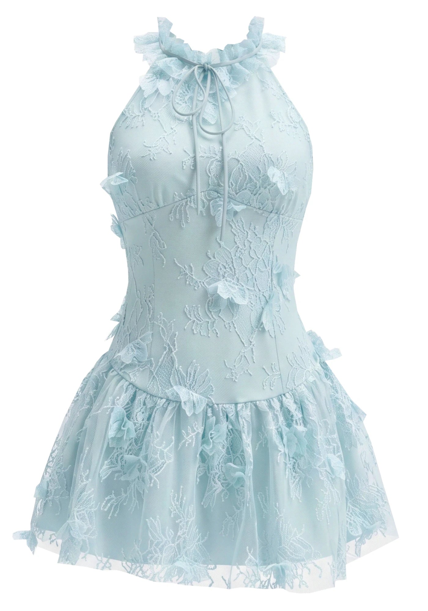 Halter Butterfly Detail Lace Dress Blue