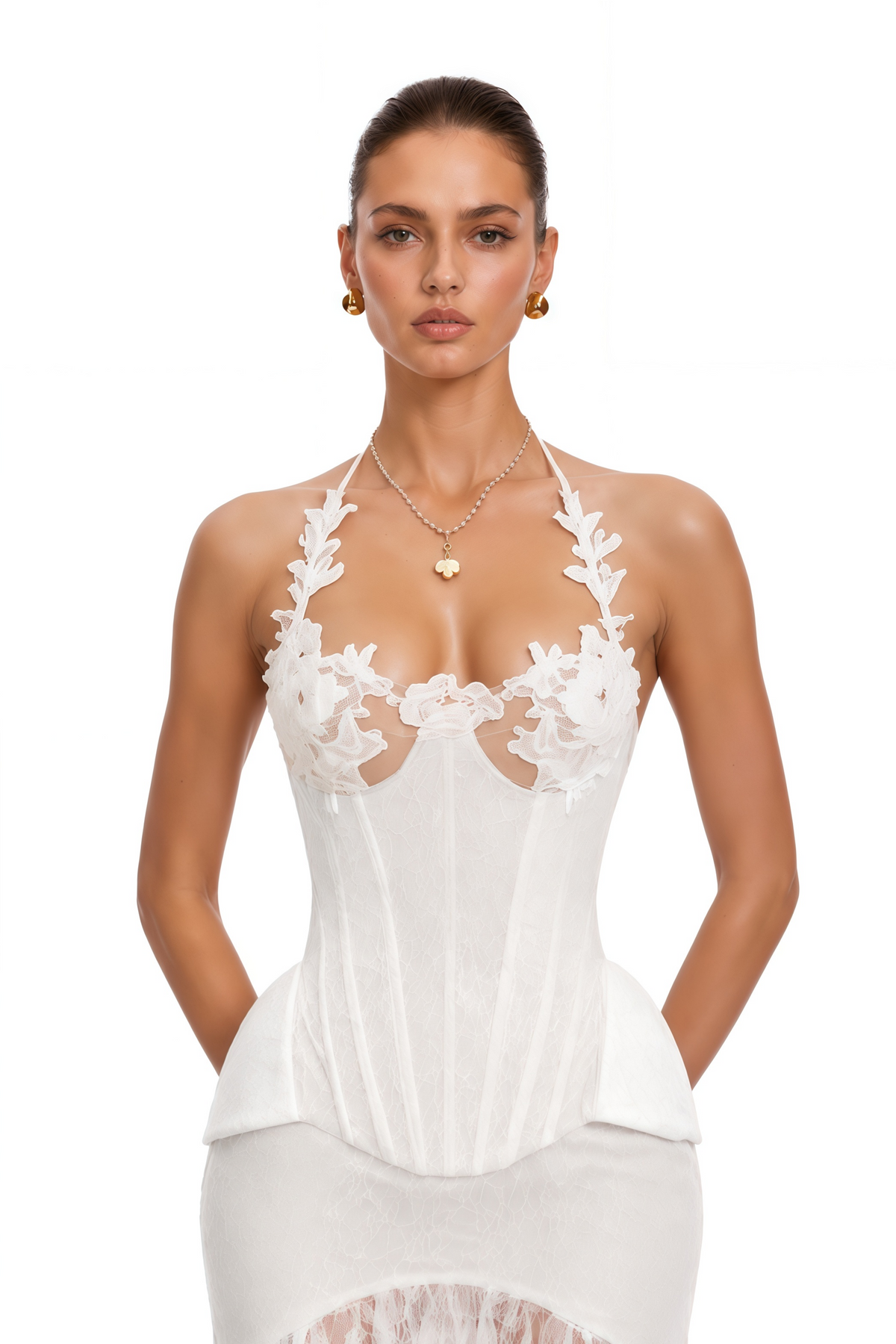 Halter Lace Corset Bust Multi Layered Tassel Fringe Sheer Mesh Maxi Skirt set