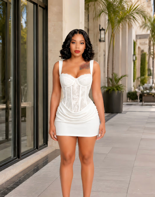 White Ruched Mini Dress with Lace Corset