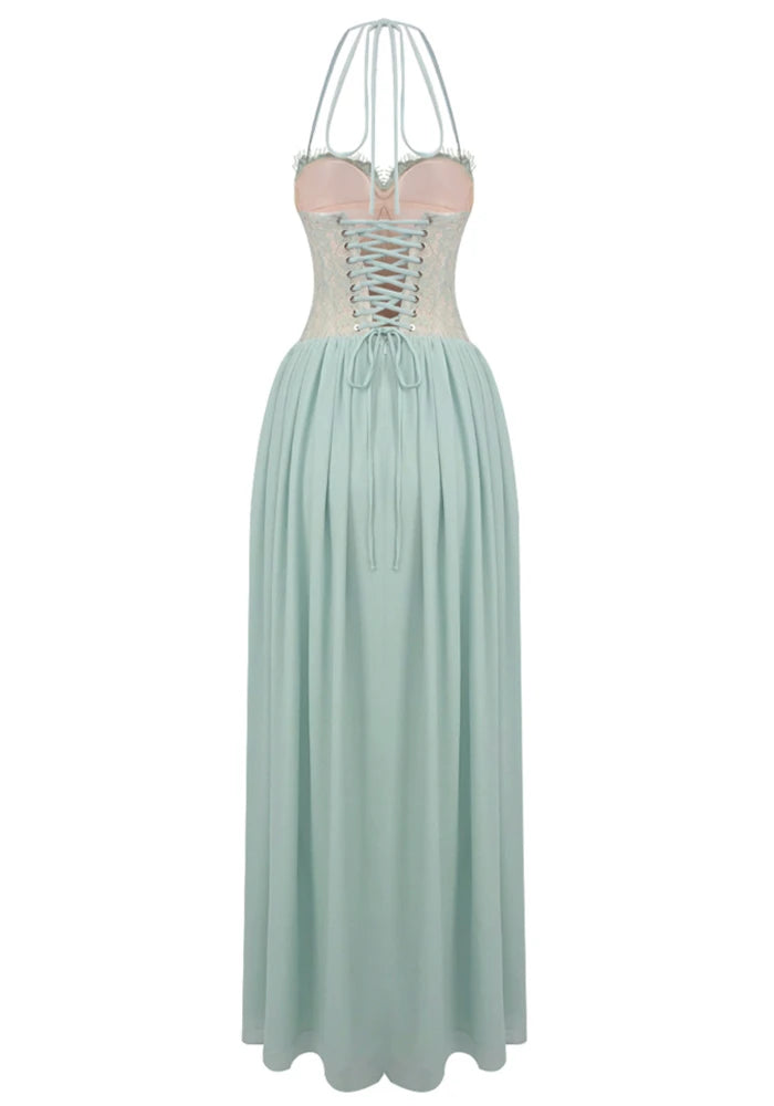 Halter Lace Corset A Line Maxi Dress Green
