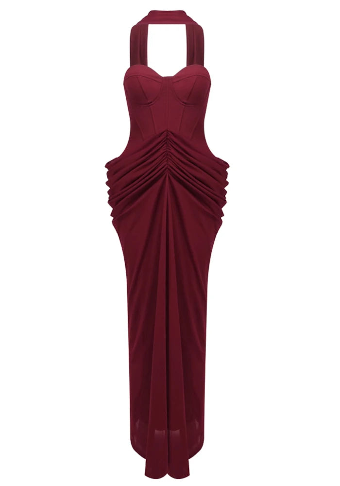 Strapless Draped Maxi Dress Burgundy