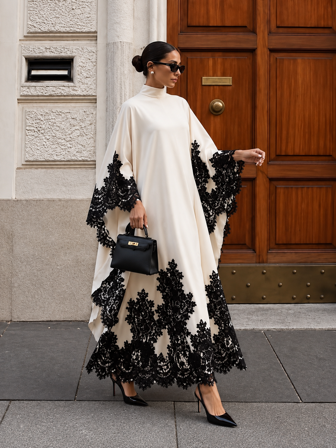 Ivory Noir Lace Cape Maxi Dress