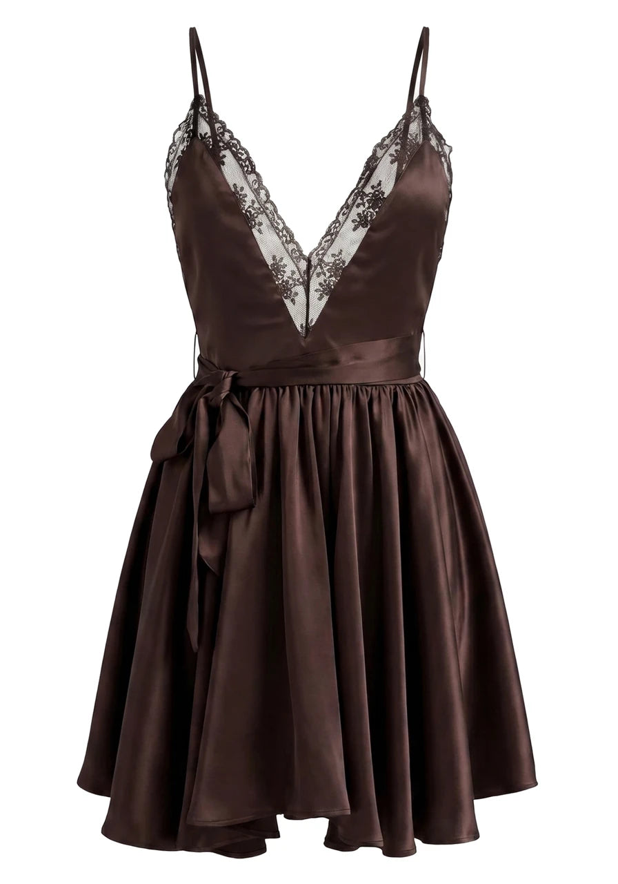 Lace Insert A Line Dress Brown