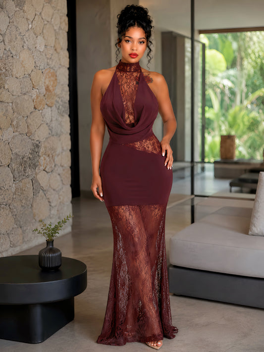 Lace Insert Draped Detail Maxi Dress Burgundy