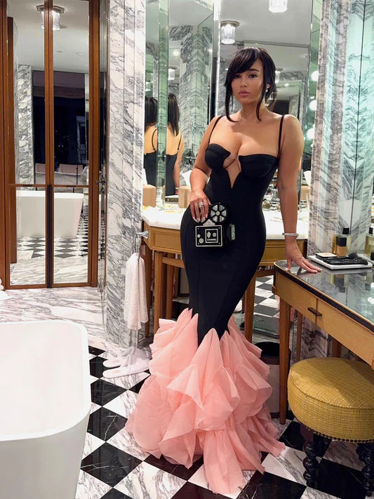 V-Neck Pink Mesh Bodycon Long Bandage Dress