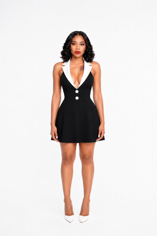 Halter Lapel Collar Dress Black White