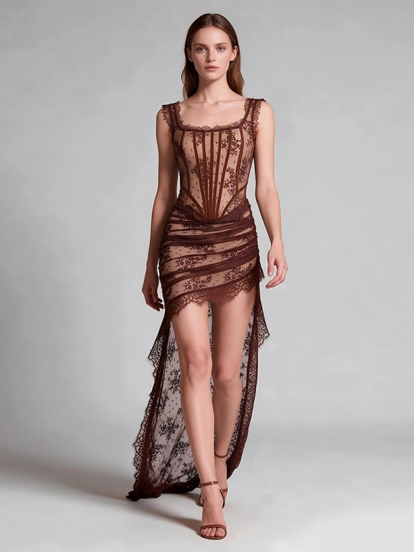 Chocolate Brown Lace Corset High-Low Maxi Dress