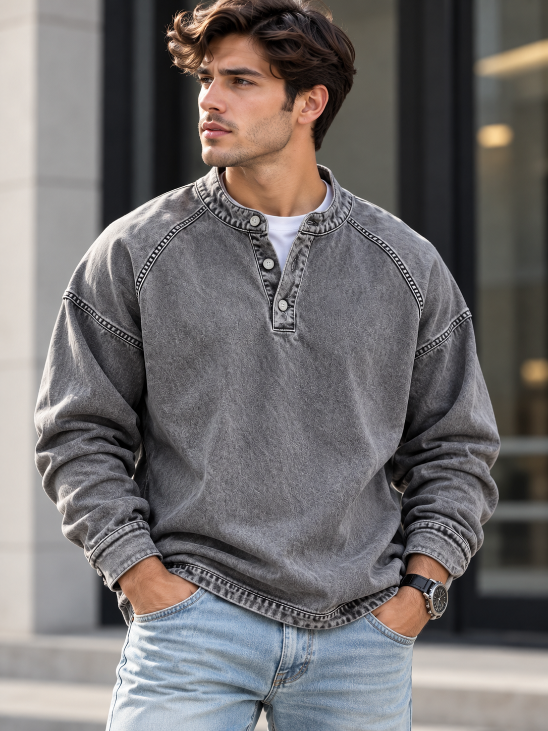 Men's Full Size Vintage Washed Henley Shirt Plus Size